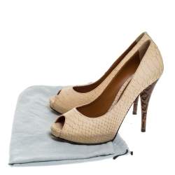 Pre Owned Fendi Beige Python Zucchino Heel Peep Toe Pumps Size 38