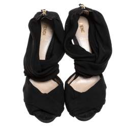 Pre Owned Fendi Black Stretch Fabric And Suede Cross Strap Sandals Size 40