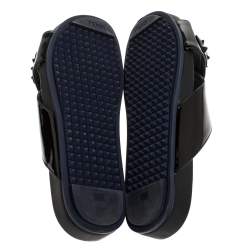 Fendi Black Patent Leather Flower Stud Embellished Flat Slides Size 38