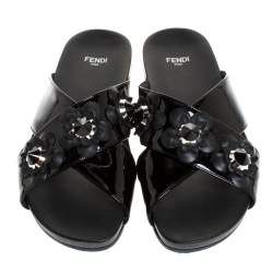 Fendi Black Patent Leather Flower Stud Embellished Flat Slides Size 38