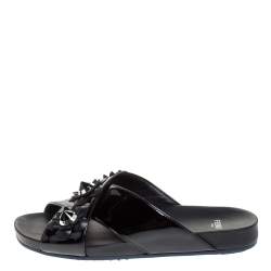 Fendi Black Patent Leather Flower Stud Embellished Flat Slides Size 38