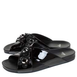 Fendi Black Patent Leather Flower Stud Embellished Flat Slides Size 38