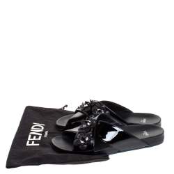 Fendi Black Patent Leather Flower Stud Embellished Flat Slides Size 38