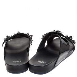Fendi Black Patent Leather Flower Stud Embellished Flat Slides Size 38