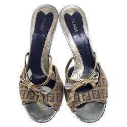 Pre Owned Fendi Multicolor Zucca Canvas and Leather Bow Slide Sandals Size 37.5