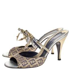 Pre Owned Fendi Multicolor Zucca Canvas and Leather Bow Slide Sandals Size 37.5