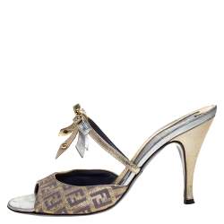 Pre Owned Fendi Multicolor Zucca Canvas and Leather Bow Slide Sandals Size 37.5