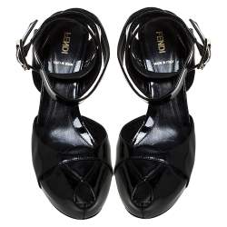 Pre Owned Fendi Black Patent Leather Peep Toe Platform Ankle Wrap Sandals Size 39