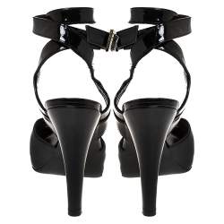 Pre Owned Fendi Black Patent Leather Peep Toe Platform Ankle Wrap Sandals Size 39