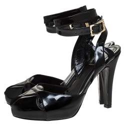 Pre Owned Fendi Black Patent Leather Peep Toe Platform Ankle Wrap Sandals Size 39