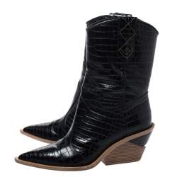 Pre Owned Fendi Black Croc Embossed Leather Cowboy Boots Size 38