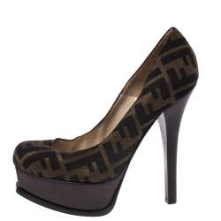 Pre Owned Fendi Tobacco Zucca Canvas Fendista Platform Pumps Size 36