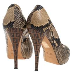 Pre Owned Fendi Black/Beige Python Embossed Leather Peep Toe Platform Pumps Size 37