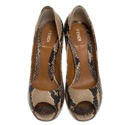 Pre Owned Fendi Black/Beige Python Embossed Leather Peep Toe Platform Pumps Size 37