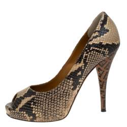 Pre Owned Fendi Black/Beige Python Embossed Leather Peep Toe Platform Pumps Size 37