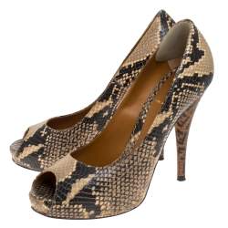 Pre Owned Fendi Black/Beige Python Embossed Leather Peep Toe Platform Pumps Size 37