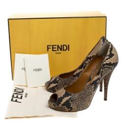 Pre Owned Fendi Black/Beige Python Embossed Leather Peep Toe Platform Pumps Size 37