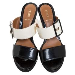 Pre Owned Fendi Black/White Patent Leather Demi Wedge Slides Size 40