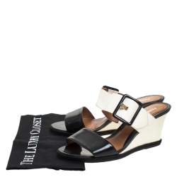Pre Owned Fendi Black/White Patent Leather Demi Wedge Slides Size 40