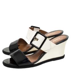 Pre Owned Fendi Black/White Patent Leather Demi Wedge Slides Size 40