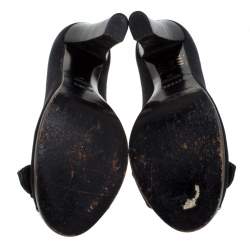 Pre Owned Fendi Black/Silver Canvas And Leather Trim B Buckle Peep Toe Pumps Size 38