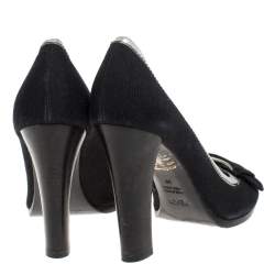 Pre Owned Fendi Black/Silver Canvas And Leather Trim B Buckle Peep Toe Pumps Size 38