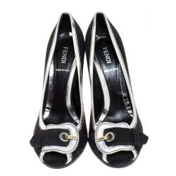 Pre Owned Fendi Black/Silver Canvas And Leather Trim B Buckle Peep Toe Pumps Size 38