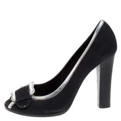 Pre Owned Fendi Black/Silver Canvas And Leather Trim B Buckle Peep Toe Pumps Size 38