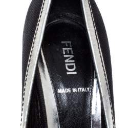 Pre Owned Fendi Black/Silver Canvas And Leather Trim B Buckle Peep Toe Pumps Size 38