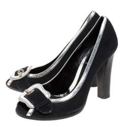 Pre Owned Fendi Black/Silver Canvas And Leather Trim B Buckle Peep Toe Pumps Size 38