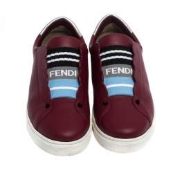 Pre Owned Fendi Dark Red Leather And Logo Knit Rockoclick Slip On Sneakers Size 39
