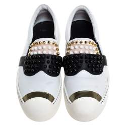 Pre Owned Fendi White/Black Leather Studded Karlito Slip On Sneakers Size 41