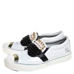 Pre Owned Fendi White/Black Leather Studded Karlito Slip On Sneakers Size 41