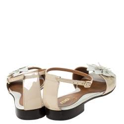 Fendi White/Beige Lizard And Patent Leather Appliqued Flower Ankle Strap Flat Sandals Size 40