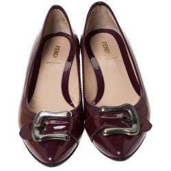 Pre Owned Fendi Maroon Patent Leather Buckle Detail Pointed Toe Ballet Flats Size 39.5