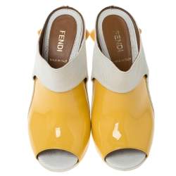 Pre Owned Fendi Yellow Patent Leather And Lizard Embossed Leather Peep Toe Slide Mules Size 36