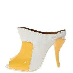 Pre Owned Fendi Yellow Patent Leather And Lizard Embossed Leather Peep Toe Slide Mules Size 36