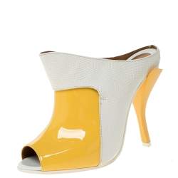 Pre Owned Fendi Yellow Patent Leather And Lizard Embossed Leather Peep Toe Slide Mules Size 36