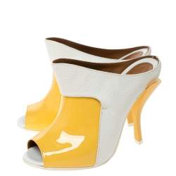 Pre Owned Fendi Yellow Patent Leather And Lizard Embossed Leather Peep Toe Slide Mules Size 36