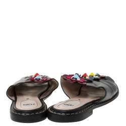 Pre Owned Fendi Black Leather Flowerland Slide Sandals Size 39
