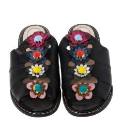 Pre Owned Fendi Black Leather Flowerland Slide Sandals Size 39
