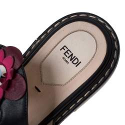 Pre Owned Fendi Black Leather Flowerland Slide Sandals Size 39