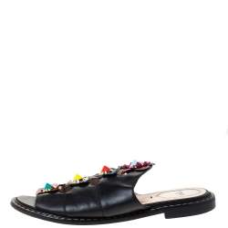 Pre Owned Fendi Black Leather Flowerland Slide Sandals Size 39