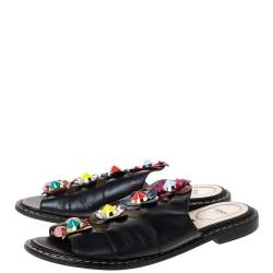 Pre Owned Fendi Black Leather Flowerland Slide Sandals Size 39
