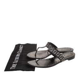 Pre Owned Fendi Black FF Canvas and Leather Flat Thong Sandals Size 37.5
