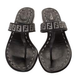 Pre Owned Fendi Black FF Canvas and Leather Flat Thong Sandals Size 37.5