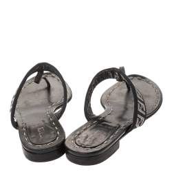 Pre Owned Fendi Black FF Canvas and Leather Flat Thong Sandals Size 37.5