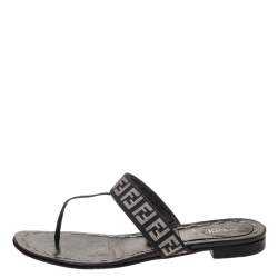 Pre Owned Fendi Black FF Canvas and Leather Flat Thong Sandals Size 37.5