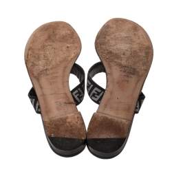 Pre Owned Fendi Black FF Canvas and Leather Flat Thong Sandals Size 37.5