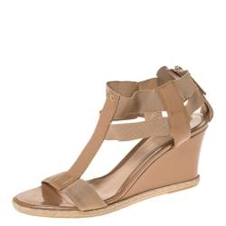 Fendi Beige Patent Leather And Elastic T-Strap Wedge Espadrille Sandals Size 39